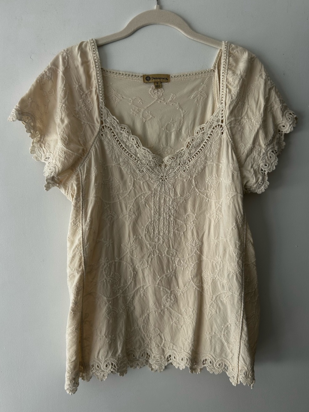 Democracy Cream Crochet-Trim Scoop Neck Blouse